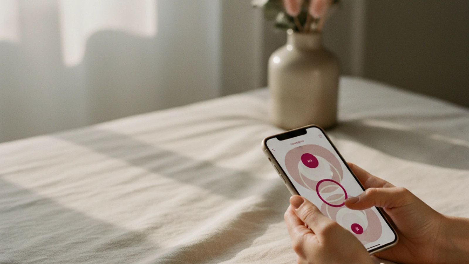 Smartphone mit Cycle-Tracking-App auf Leinen-Bettlaken