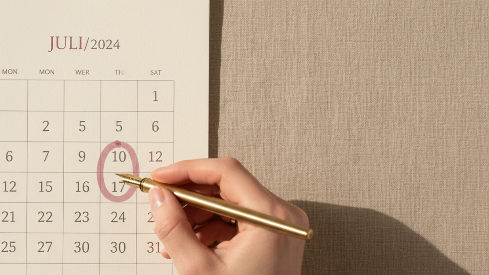 Editorial-Stilleben mit Kalender und Hand, die ein Datum markiert
