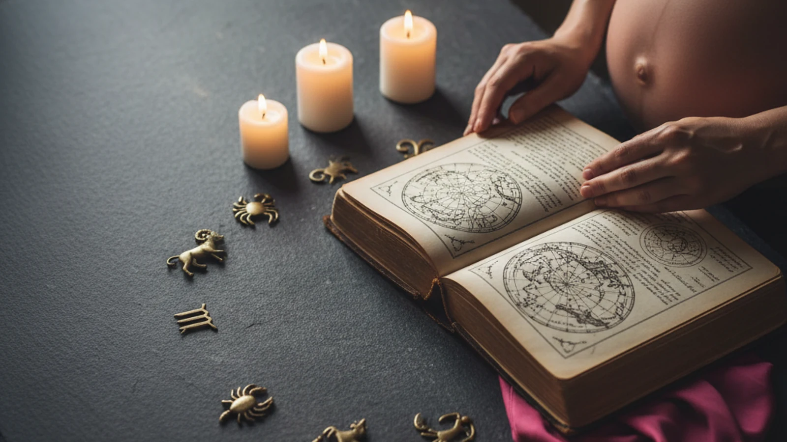 Astrologie-Buch mit Sternzeichen-Symbolen auf dunklem Untergrund